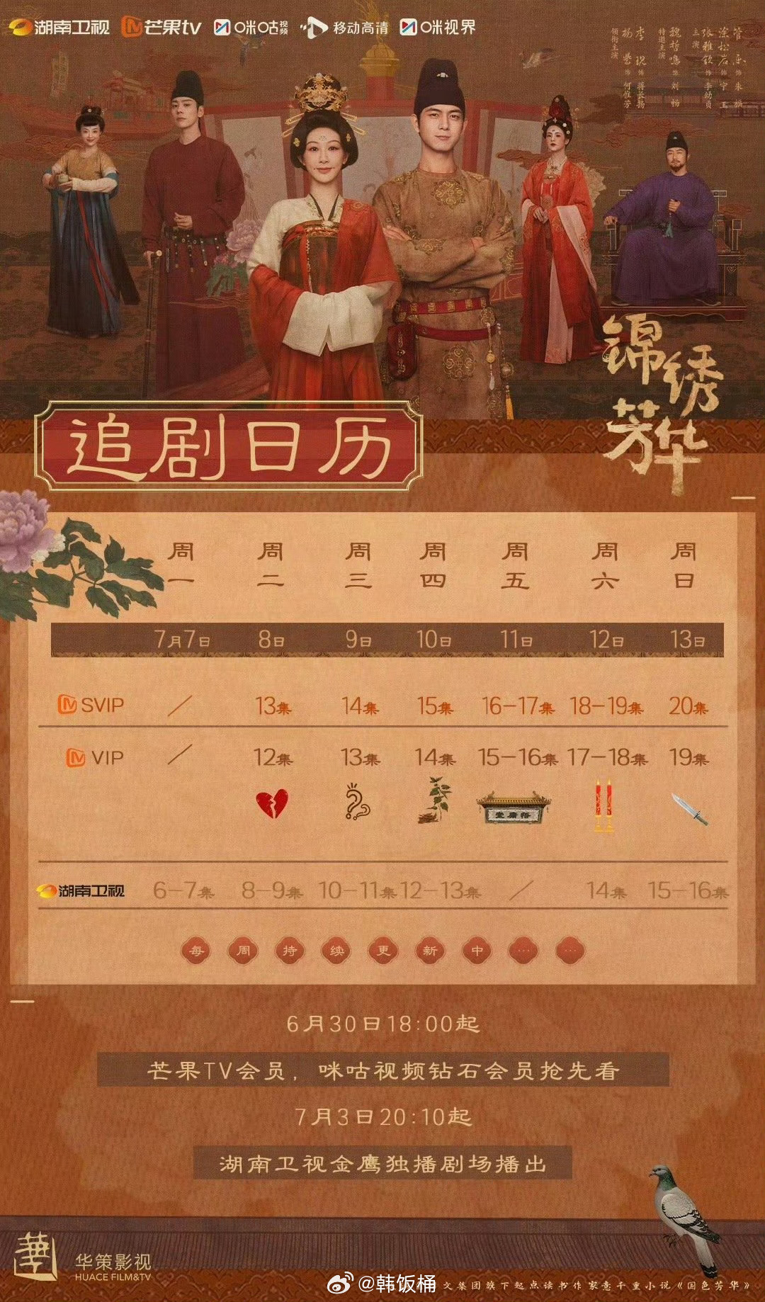 锦绣芳华追剧日历🈶周一不更，周日、周二道周四单更[淡淡的]哎感觉这样排也行吧，