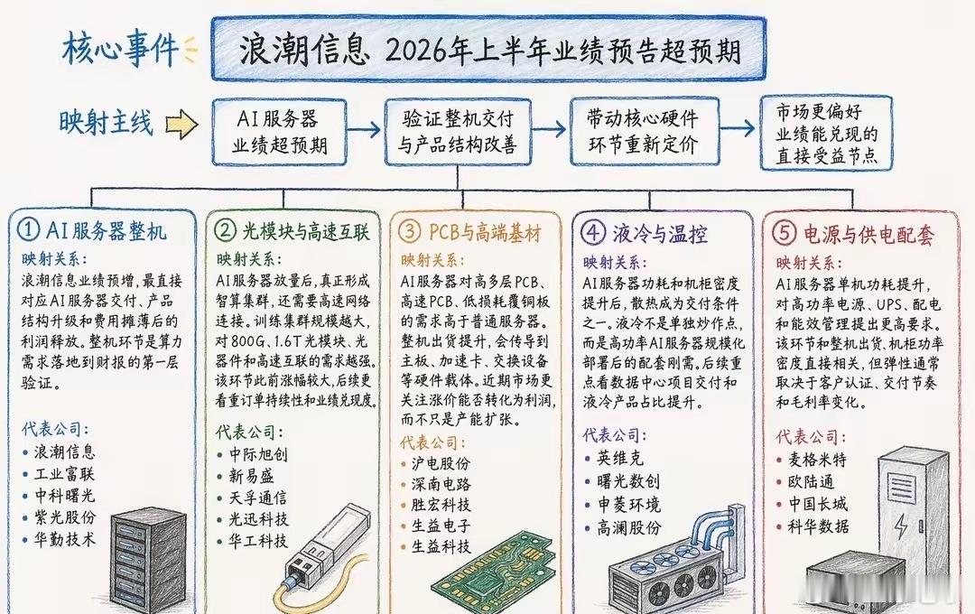 AI算力硬件链从“题材预期”转向“业绩验证”2026年7月8日，浪潮信息中报预告