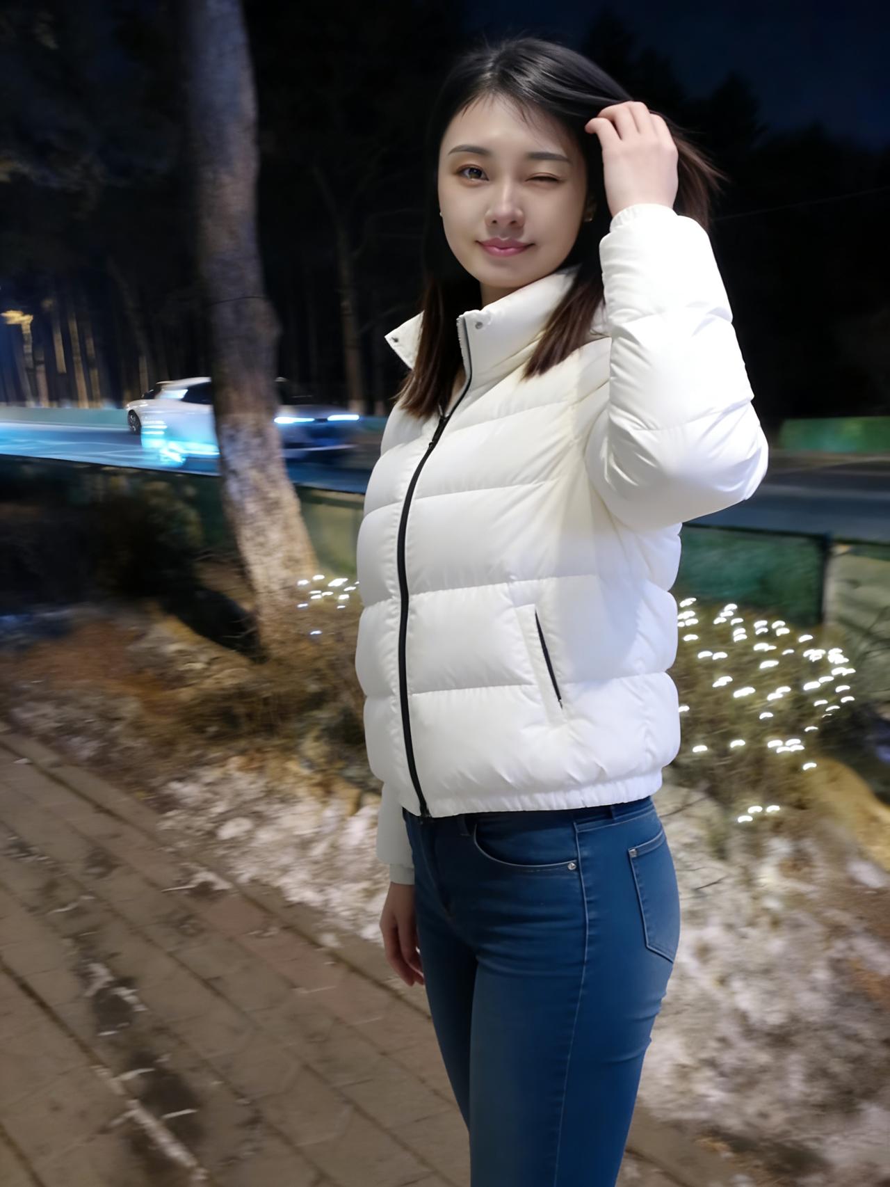 星稀月淡夜悠悠，雪覆长街灯影柔。
白衣胜雪临寒陌，青丝如瀑拂肩头。
回眸恰遇风撩