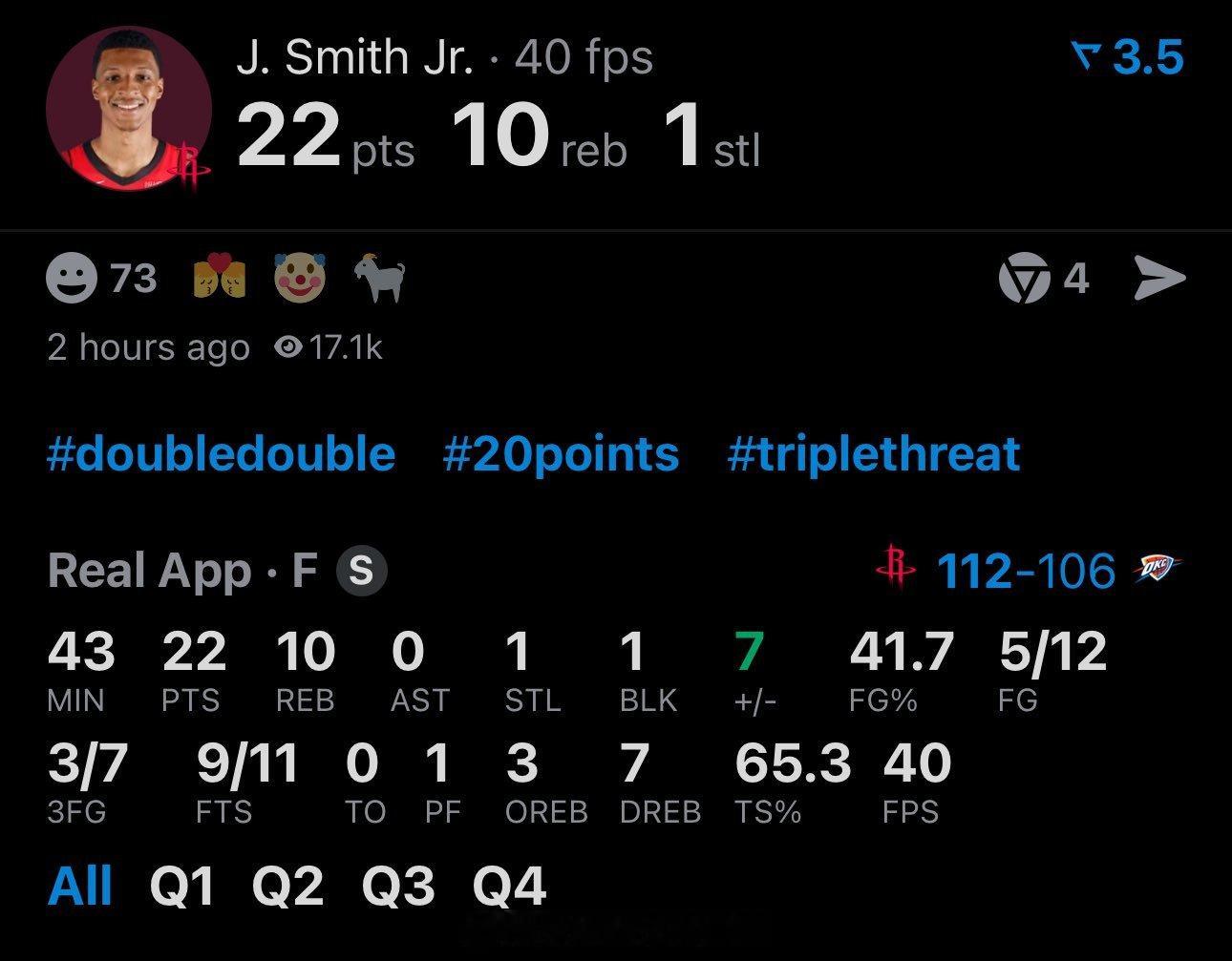 小贾也表现不错！慢慢找回了自己！你们想说点啥？火箭vs雷霆火箭战胜雷霆休斯顿火箭