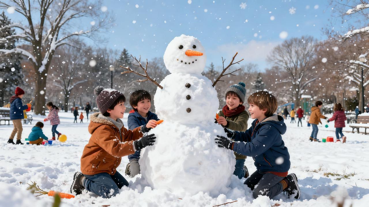 分镜1：冬日公园里，孩子们在雪地里堆雪人，用胡萝卜做鼻子，树枝做手臂，脸上洋溢着