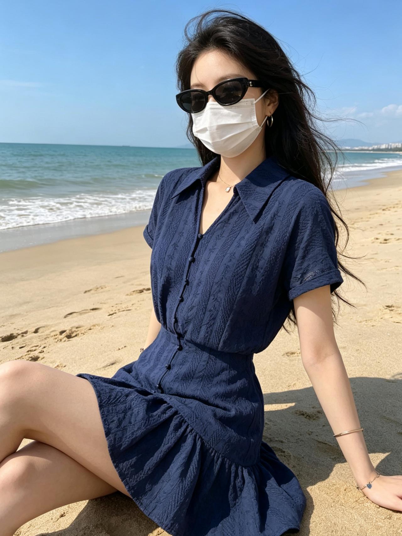 海边度假风，蓝色连衣裙搭配墨镜，轻松自在！