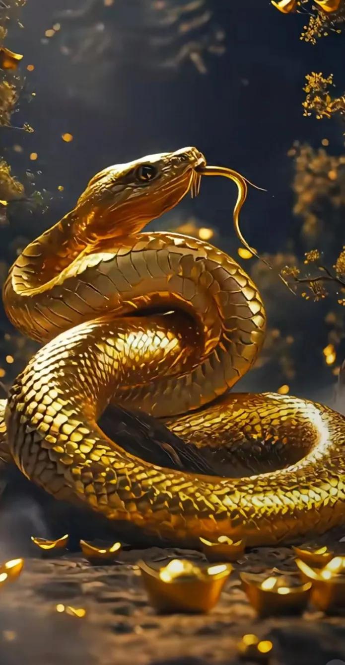 黄金蛇的魔幻世界，闪耀的鳞片在夜色中熠熠生辉。蛇起舞 鳞片闪闪发光