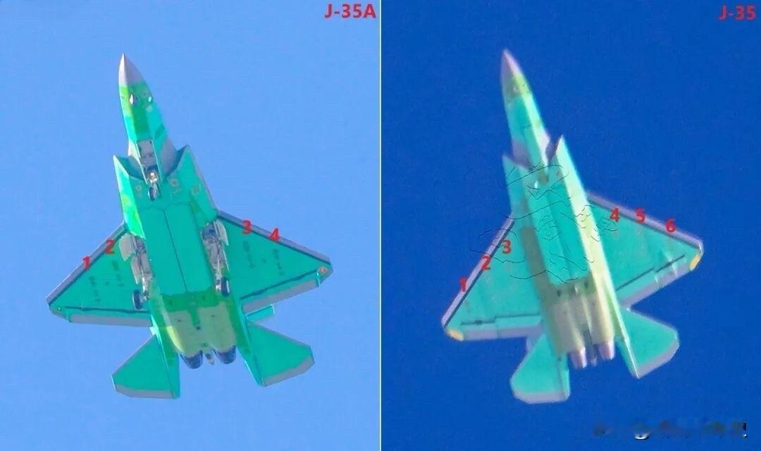 从同一角度对比空军版的歼-35A（左）和海军舰载版的歼-35（右），除了主翼、平
