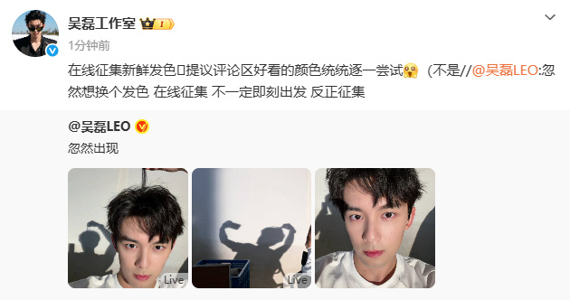 吴磊想换个发色吴磊征集发色吴磊想换个发色，呜时间过得好快哦，期待 