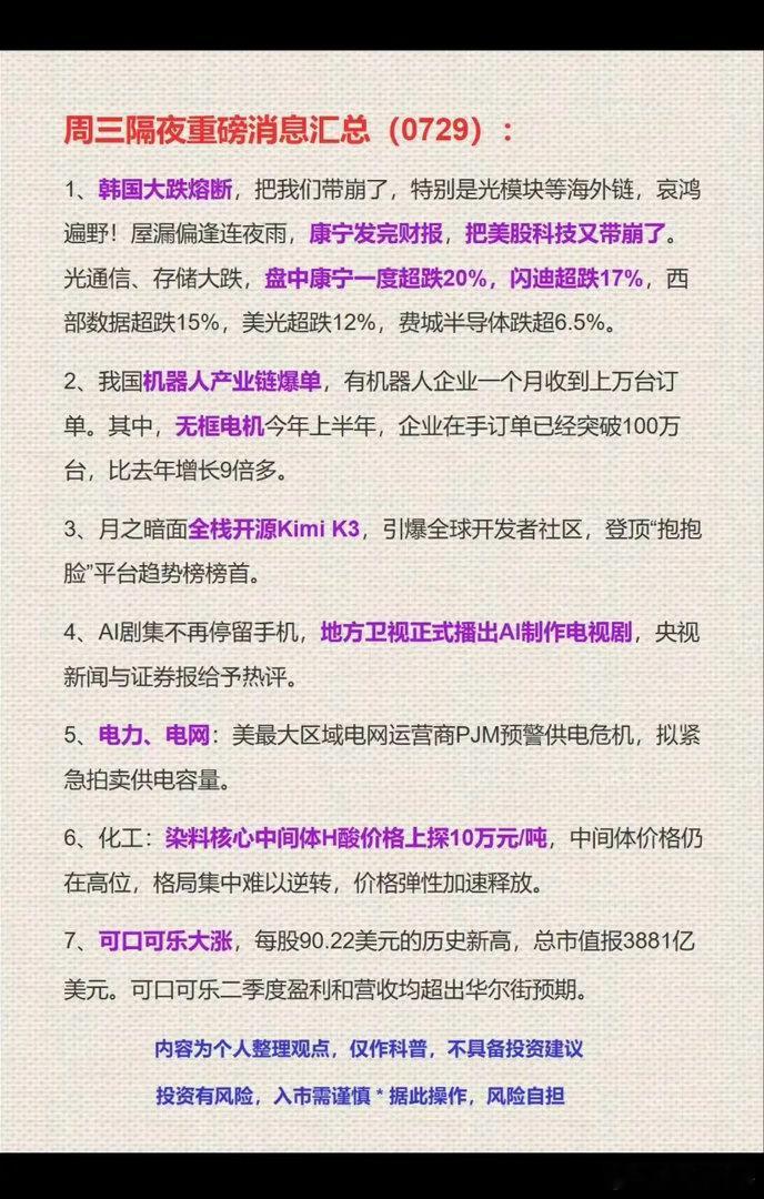7.29周三  隔夜：财经消息汇总！1.半导体2.机器人3.开源kimi大模型4