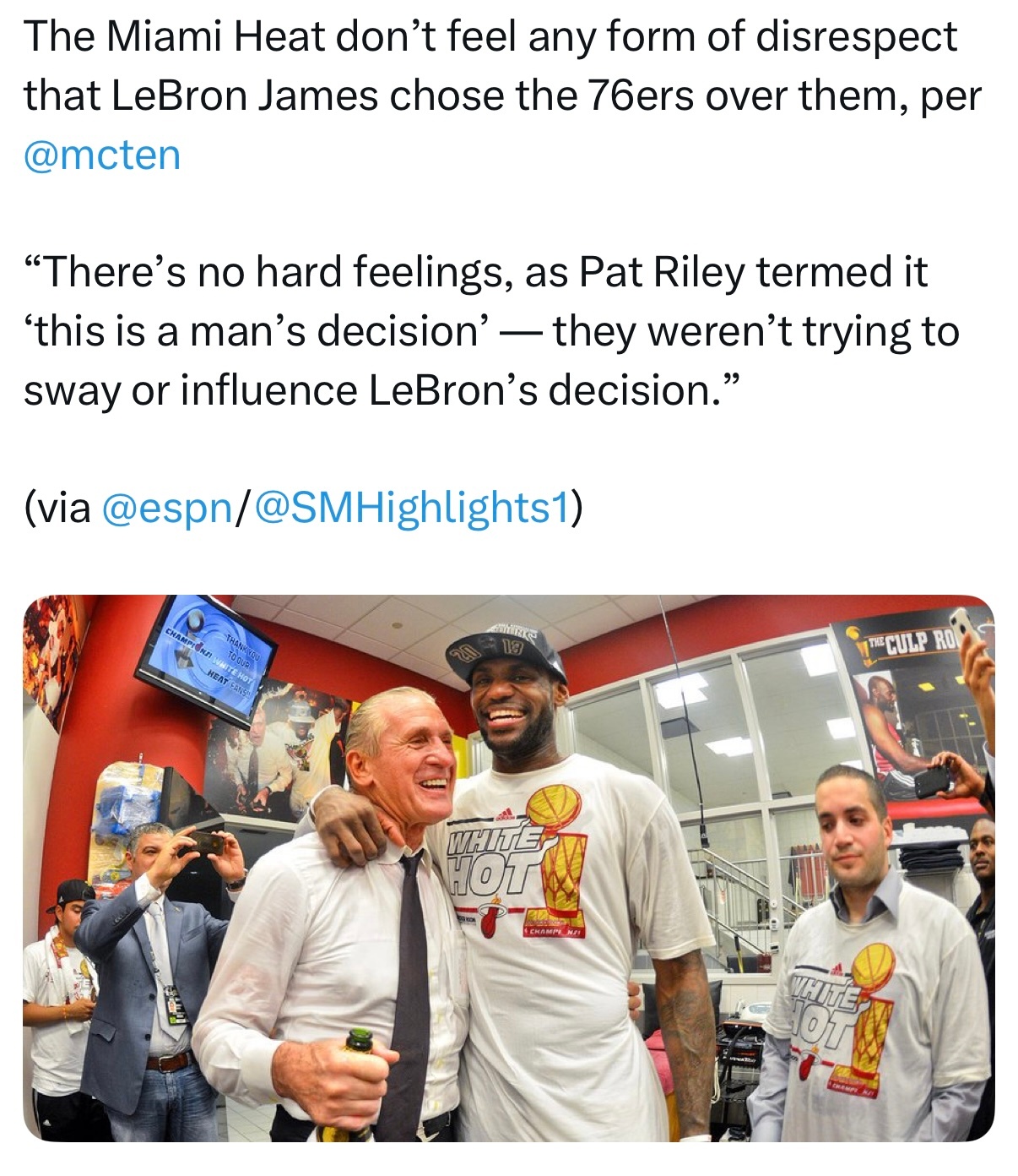 ESPN记者Dave：对于詹姆斯最终选择76人而不是热火一事，热火方面并未感到丝