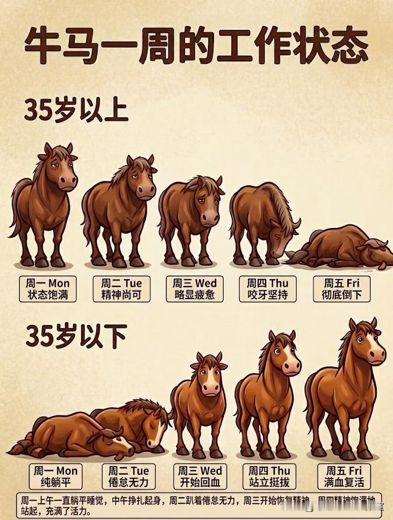 看图说话！千万别主动对号入座，谨防工伤😂
 
同样是一周上班，35岁上下状态完