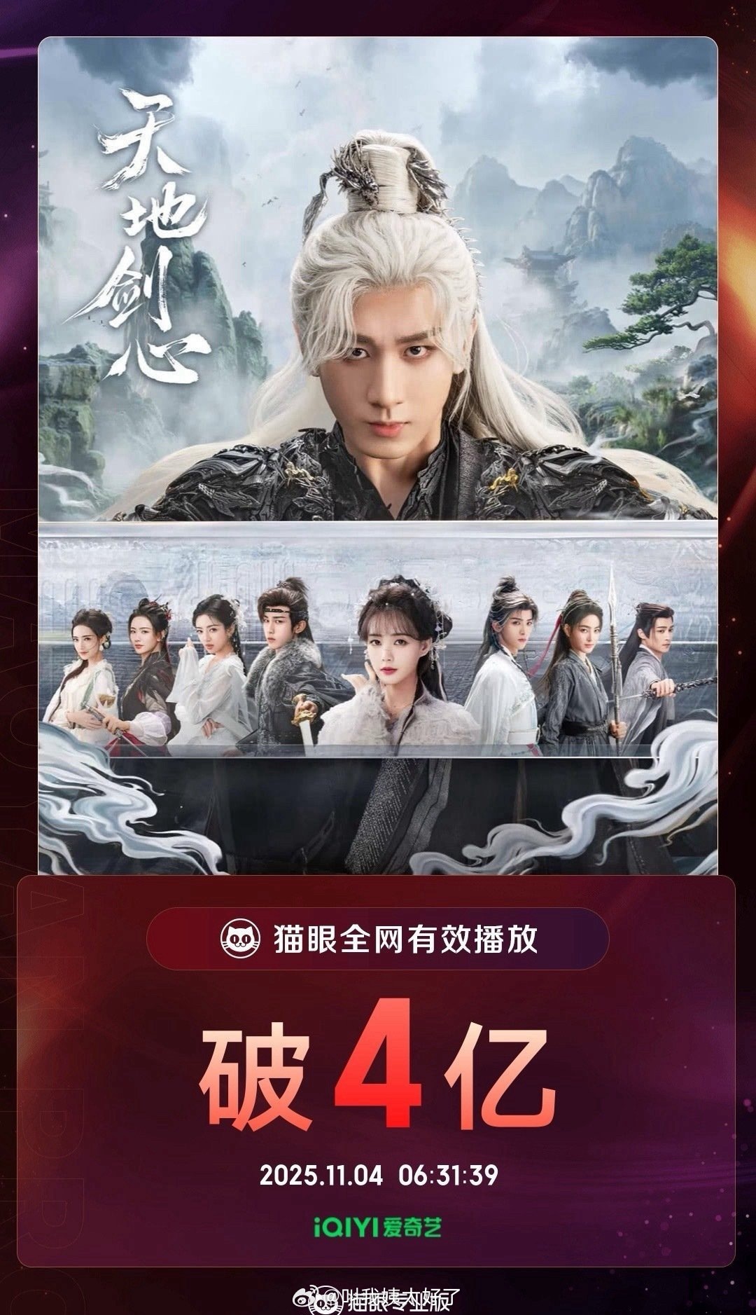 成毅《天地剑心》的猫眼数据：全网有效播放量过4亿，这个数据整体水平如何？ ​​​