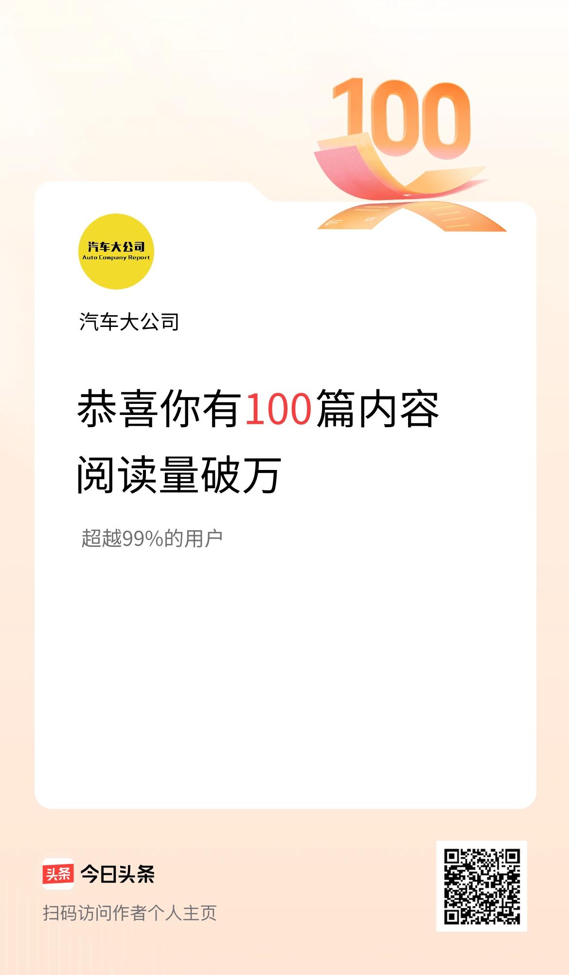 我在头条有100篇内容阅读破万了！
