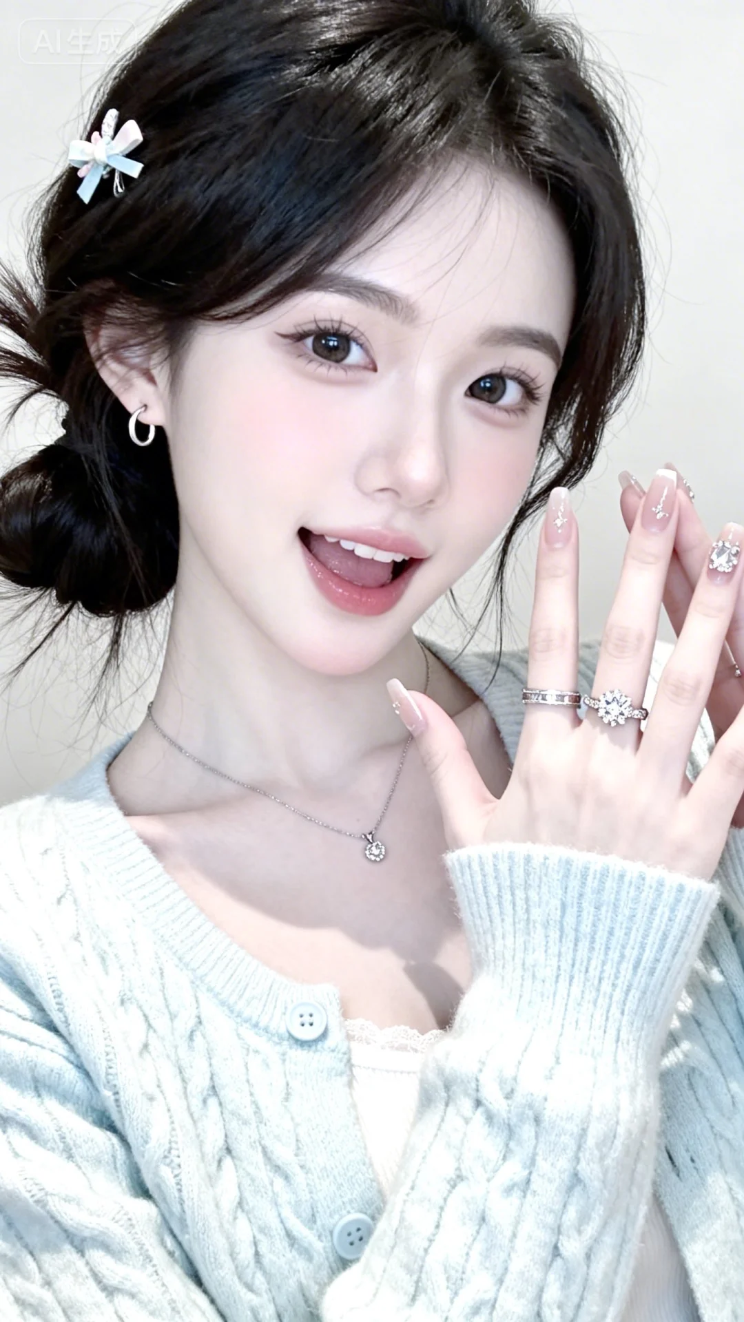 手机拍摄风格，超低分辨率，画面中是一位白皙甜妹，冷白皮，具有少女感，头...