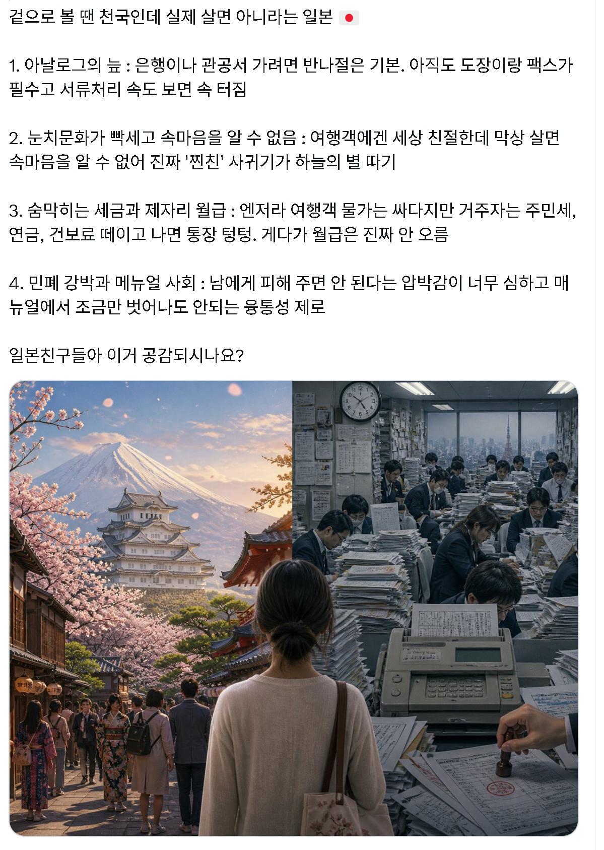 一个韩国人吐槽日本：日本表面上看是天堂，但实际生活却不行。
　　1、办事拖沓:去