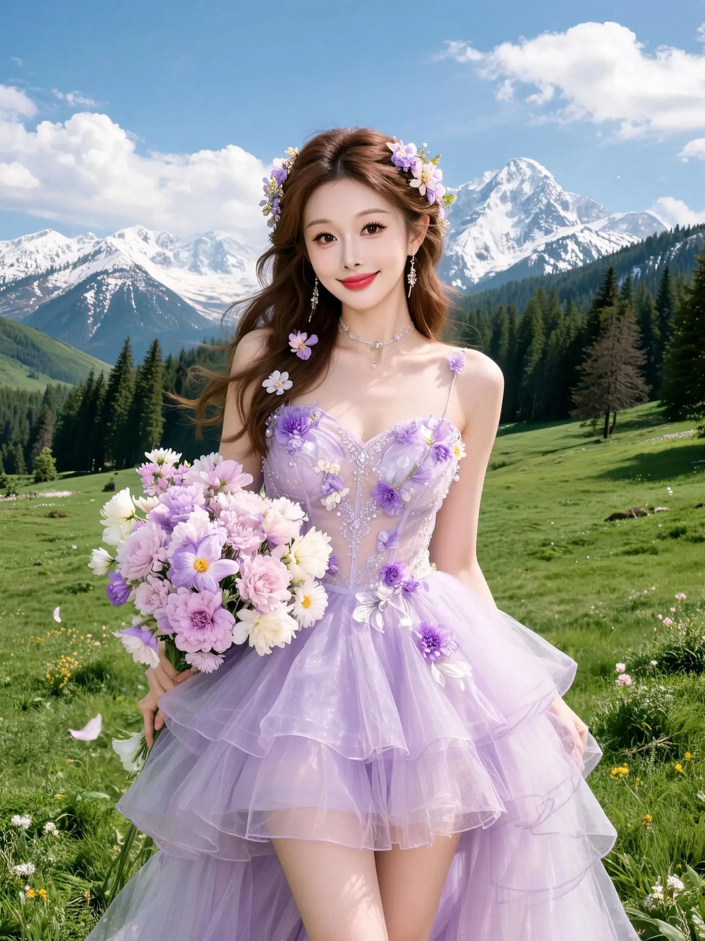 AI田园花漾写真 ai创作全新升级 花海与裙摆 紫色仙女裙 浪漫紫色裙