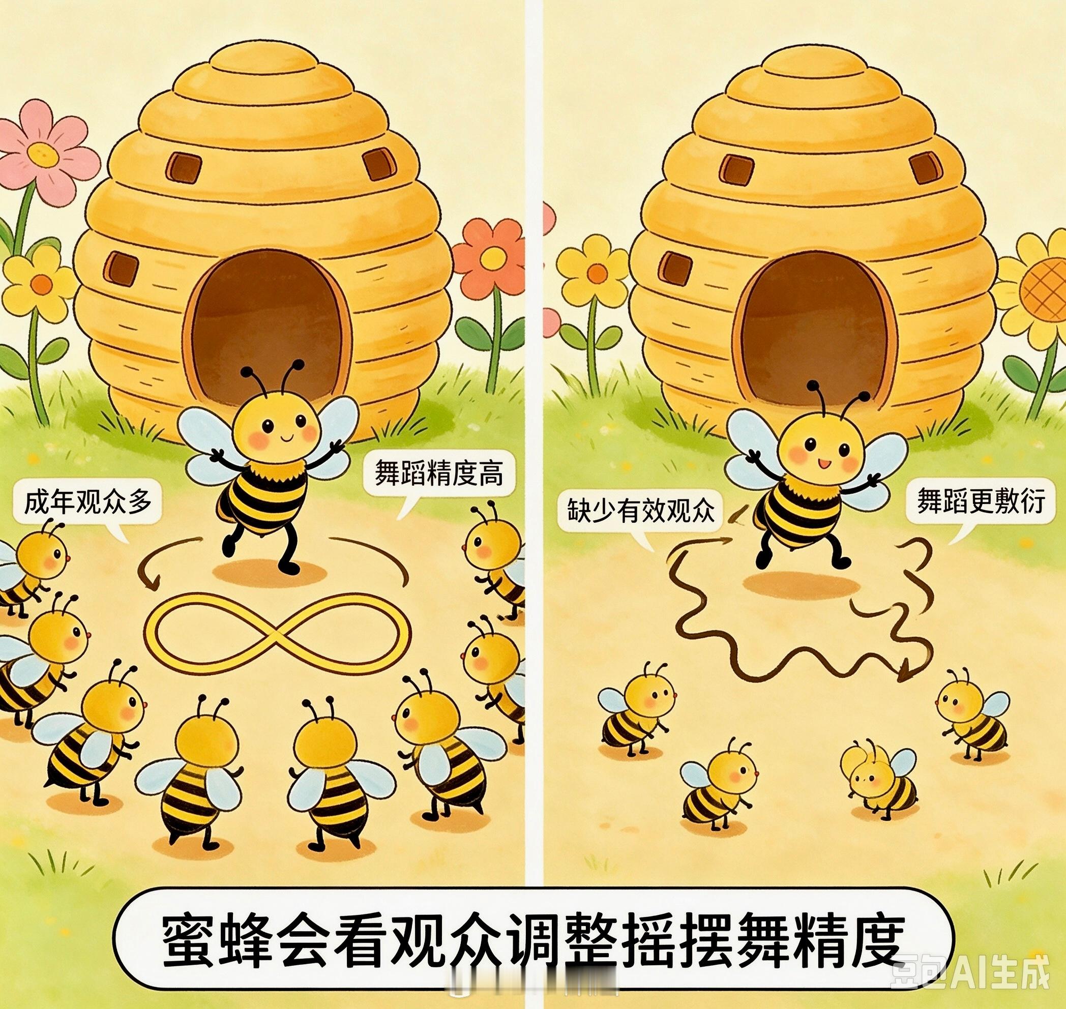 蜜蜂跳8字“摇摆舞”传递蜜源信息时，会看“观众”数量和年龄调整舞蹈精度——舞蹈角