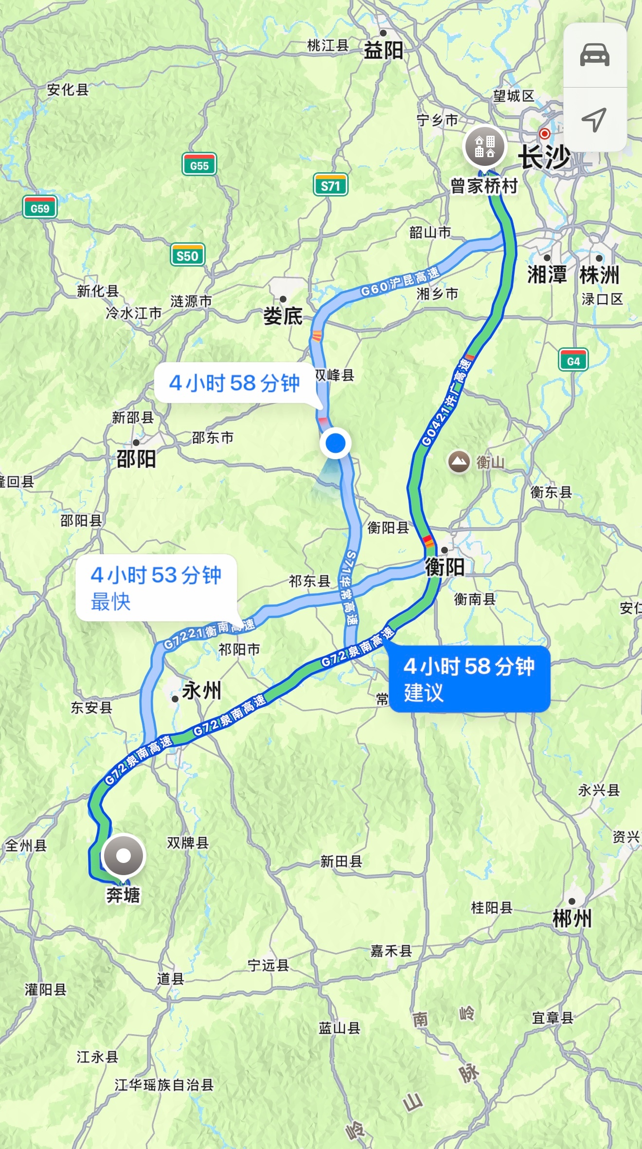 今天回村里，没走以前熟悉的许广高速，因为导航一开始推荐沪昆快半小时，开一半后发现
