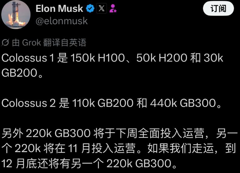 22万张GB300，下周就要往Colossus 2里“塞”；11月再来22万张，