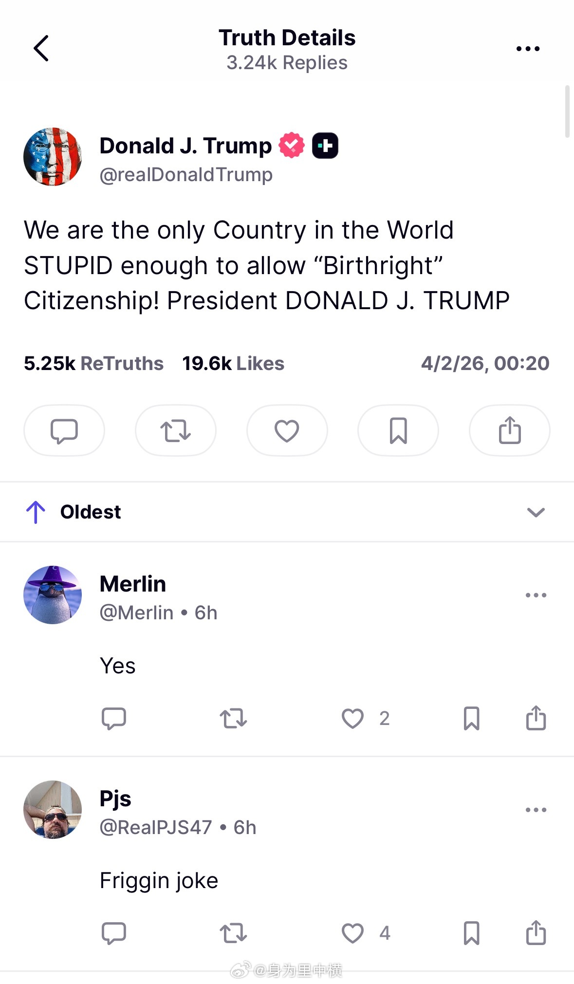 特朗普在他的真相平台发文：我们是世界上唯一愚蠢到允许出生公民权的国家！ 