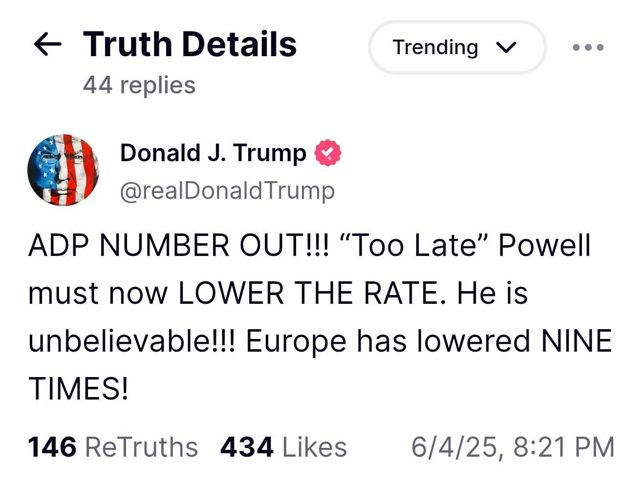 Trump 像一个交易员一样，守着ADP数据，数据不及预期后，马上发推催Powe