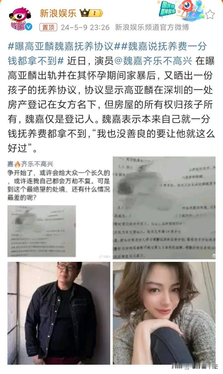 多年的青春喂了🐶！魏嘉晒出和高亚麟的抚养协议，协议约定女儿跟魏嘉，深圳一套房产