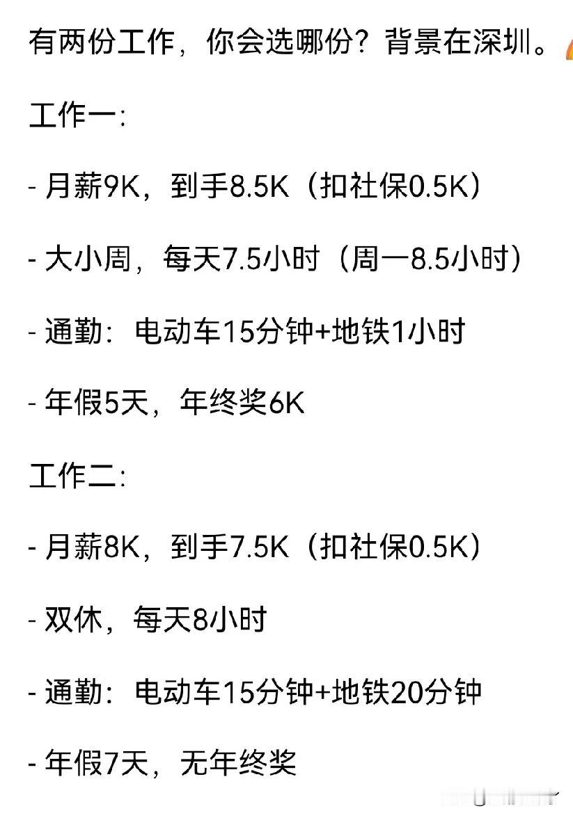 一位深圳的网友面试两份工作，陷入了两难的境地，一份月薪9千，到手8500，但是不