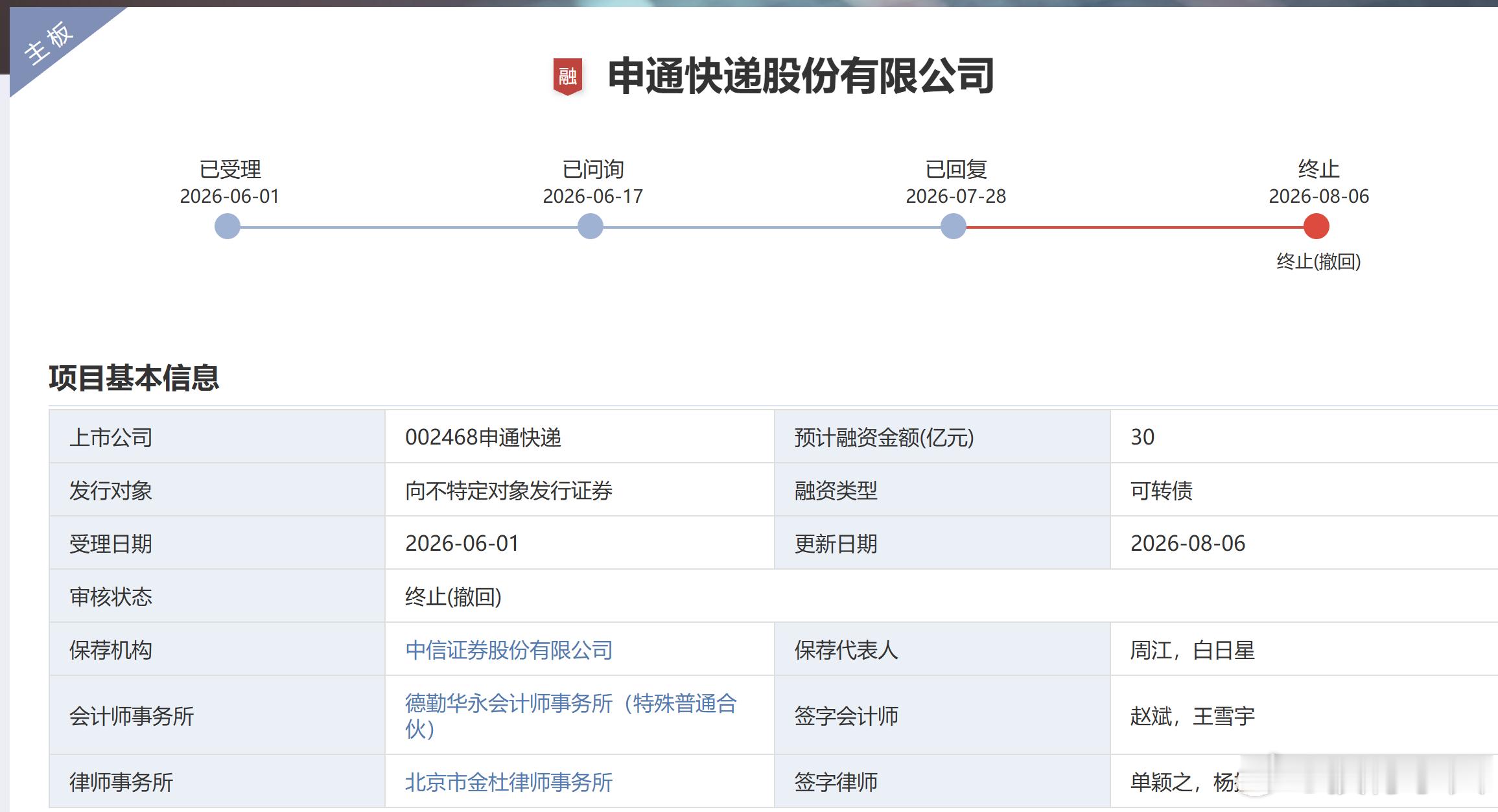 申通快递30亿可转债上会审议之前紧急撤回了！ 