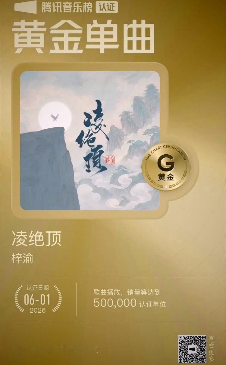 恭喜梓渝获得首支黄金认证单曲！q音历史上第78首黄金单曲认证！日榜12连冠创造q