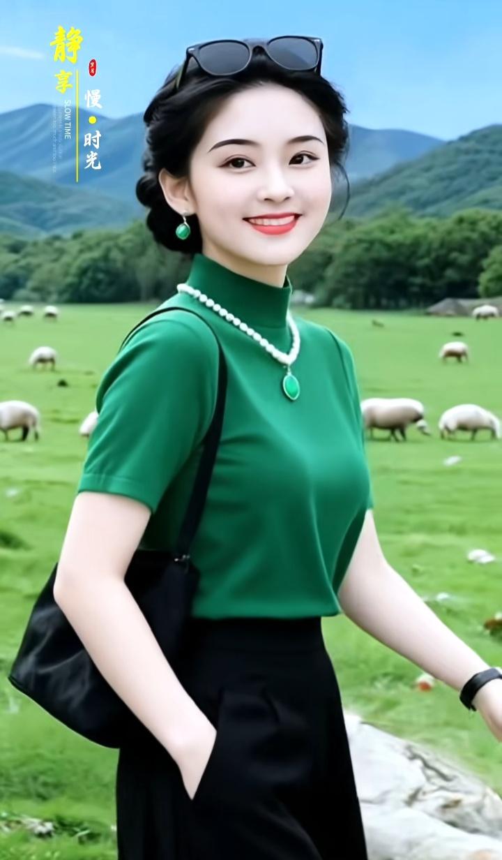 这位女士在绿草地上散步。治愈系绿草地 草地上温柔风 乡野绿草地 成熟的女人到底是