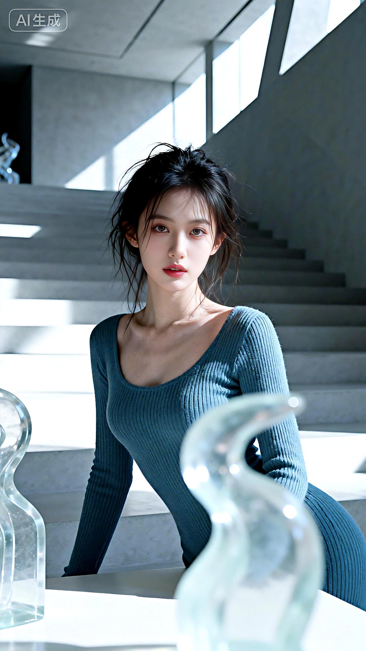 艺术馆阶梯间，一袭蓝裙，冷艳慵懒。光影刻画身影，故事藏于静谧，高级而疏离。
壁纸