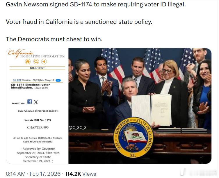 加文·纽森签署了SB-1174法案，使要求选民出示身份证明（Voter ID）成