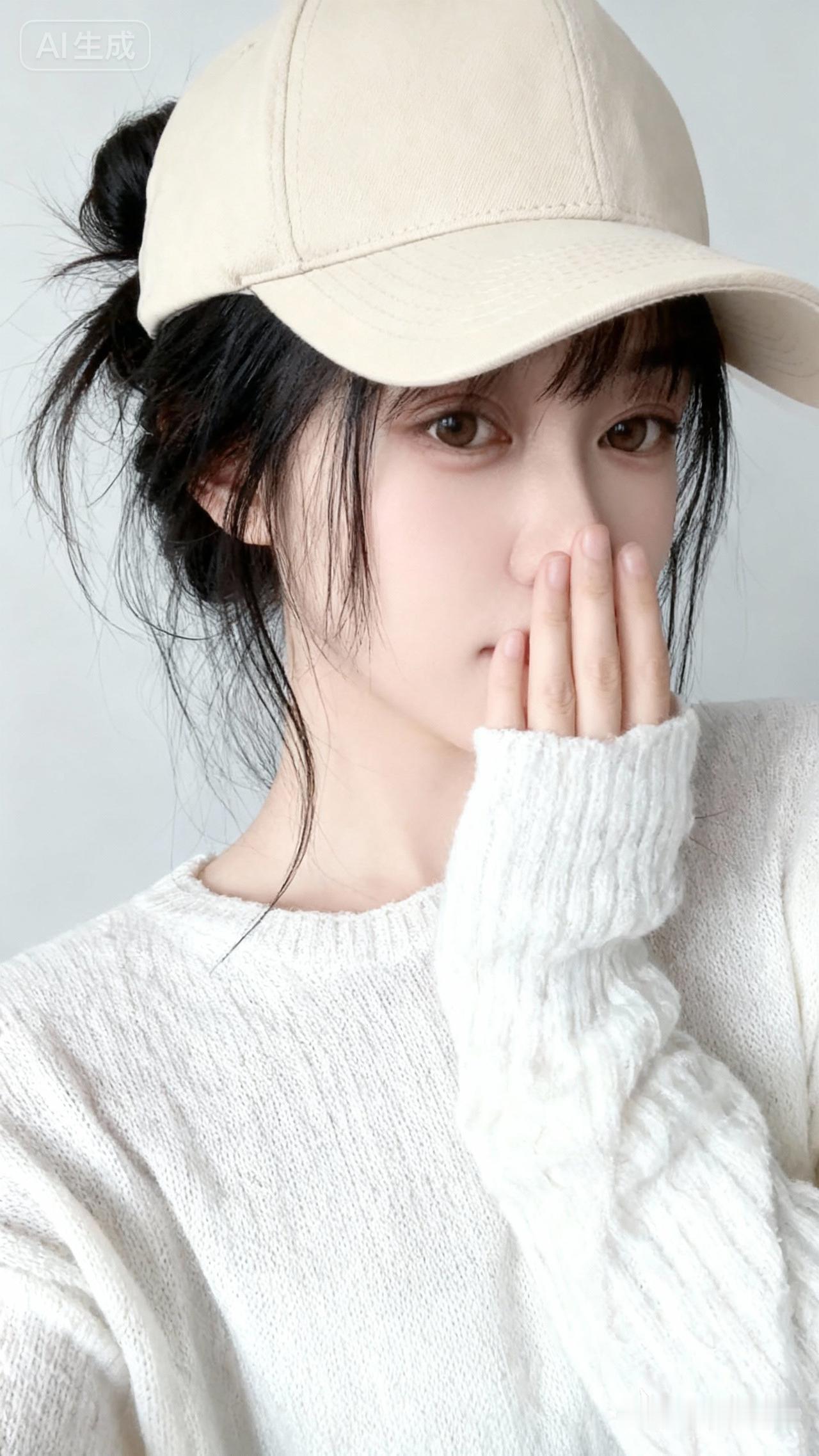 一位女性，黑色长发挽成慵懒的发髻，几缕发丝散落。头戴米色棒球帽，帽檐微微压低。身