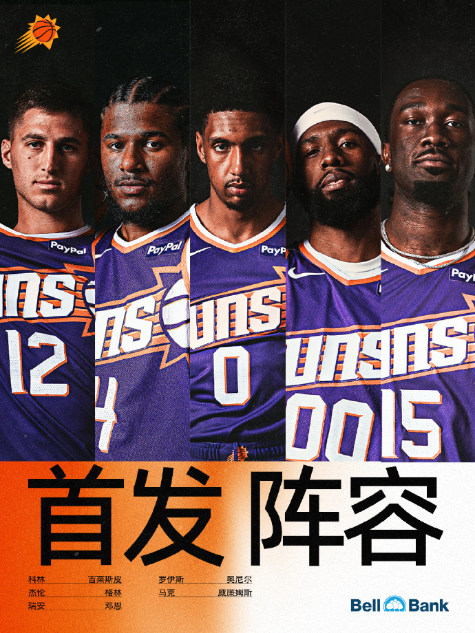 【今日首发阵容☀️】 🧡科林-吉莱斯皮💜杰伦-格林🧡瑞安-邓恩💜罗伊斯-