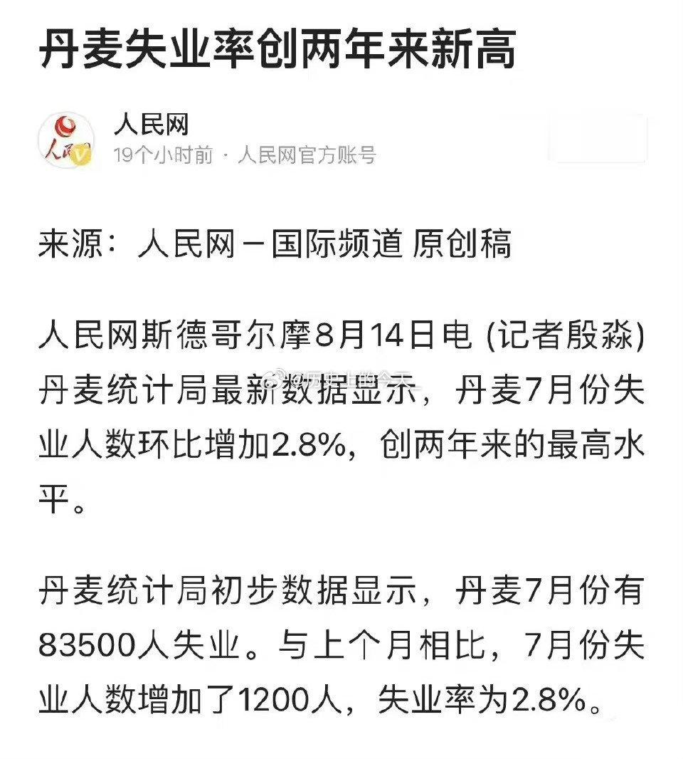 #文史数据#笑死我了！人民网同志指出：丹麦的失业率创两年来新高。下边打出数据是百