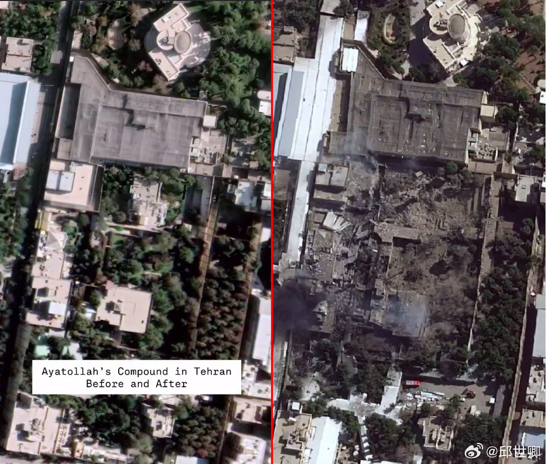 哈梅內伊辦公室遭到以色列戰機轟炸前後對比 