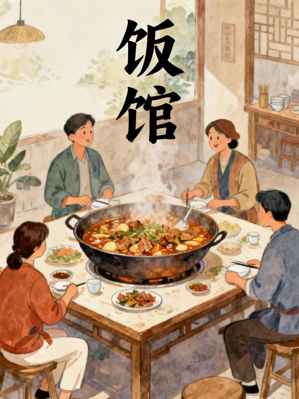 饭 馆（小说）

县城路口大菜馆，大锅炖有两人，四人，六人，八人餐，锅子越来越大
