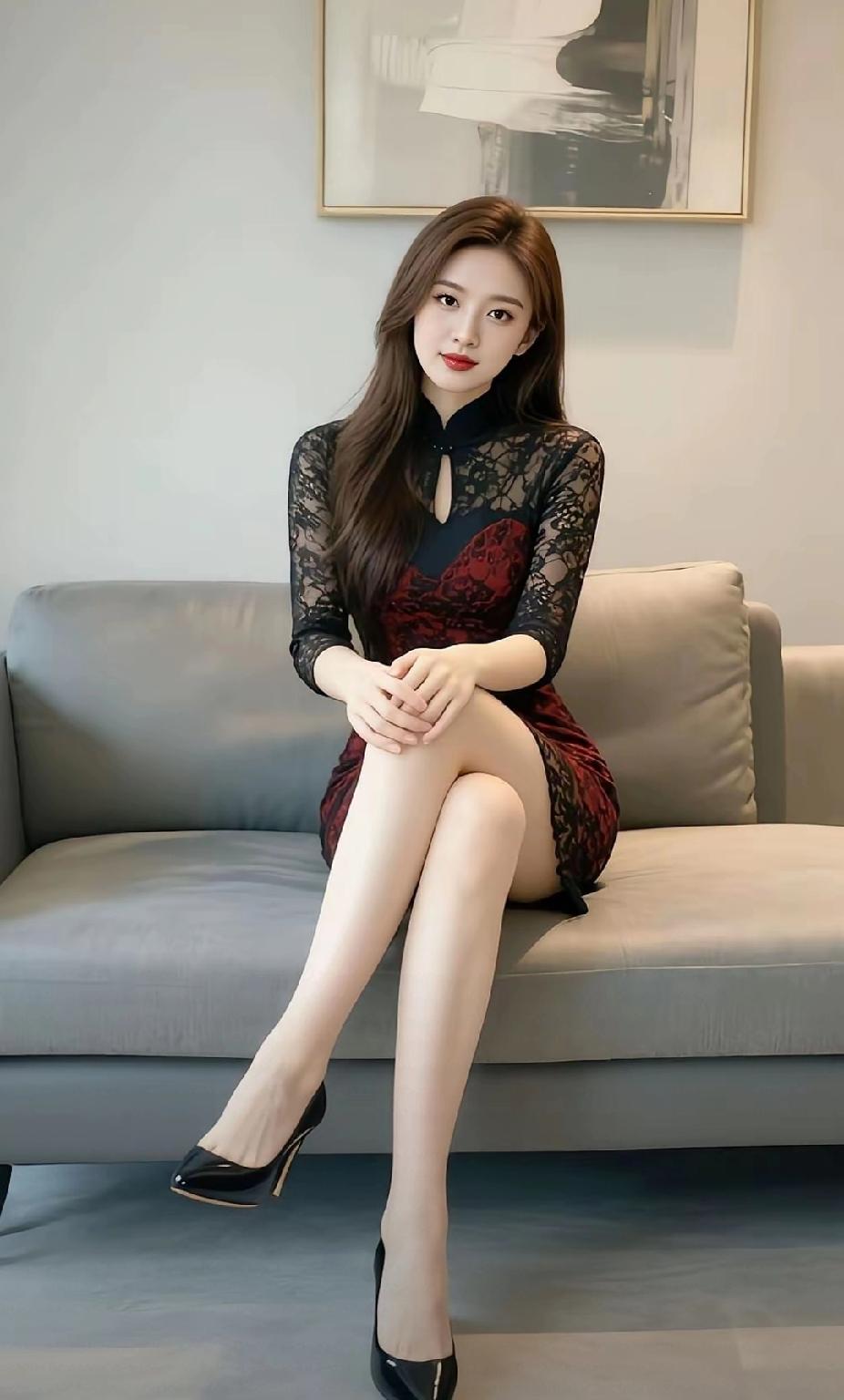 优雅气质，红黑撞色蕾丝连衣裙，搭配黑色高跟鞋，尽显女性魅力！