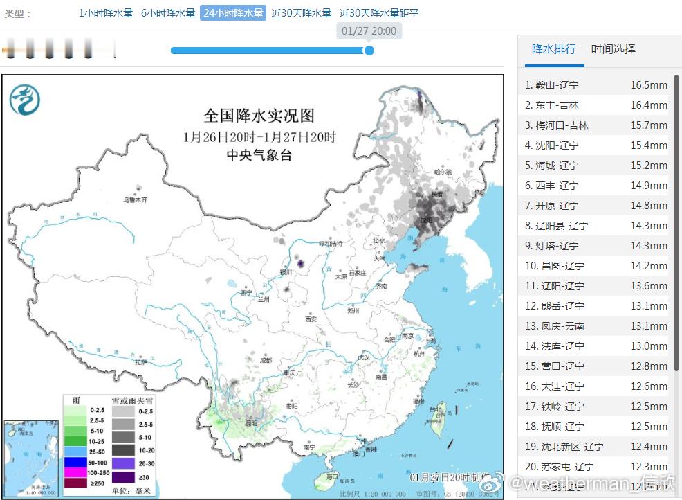 【雨雪】昨晚到今天，辽宁和吉林的站点包揽了降水榜前十，沈阳、鞍山、辽阳、抚顺、本