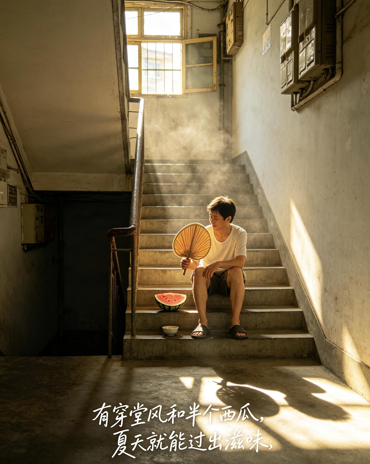 小区电梯坏了，爬楼梯上12楼。

爬到5楼，撞见隔壁大爷坐台阶上摇蒲扇。我问：“