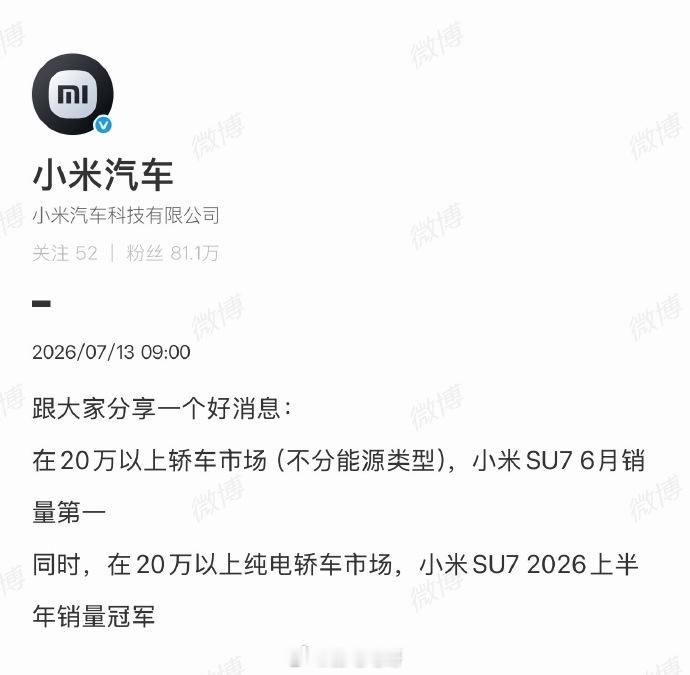 小米SU7上半年销量冠军雷军回应小米SU7上半年销量冠军 不分能源形式也就是说，