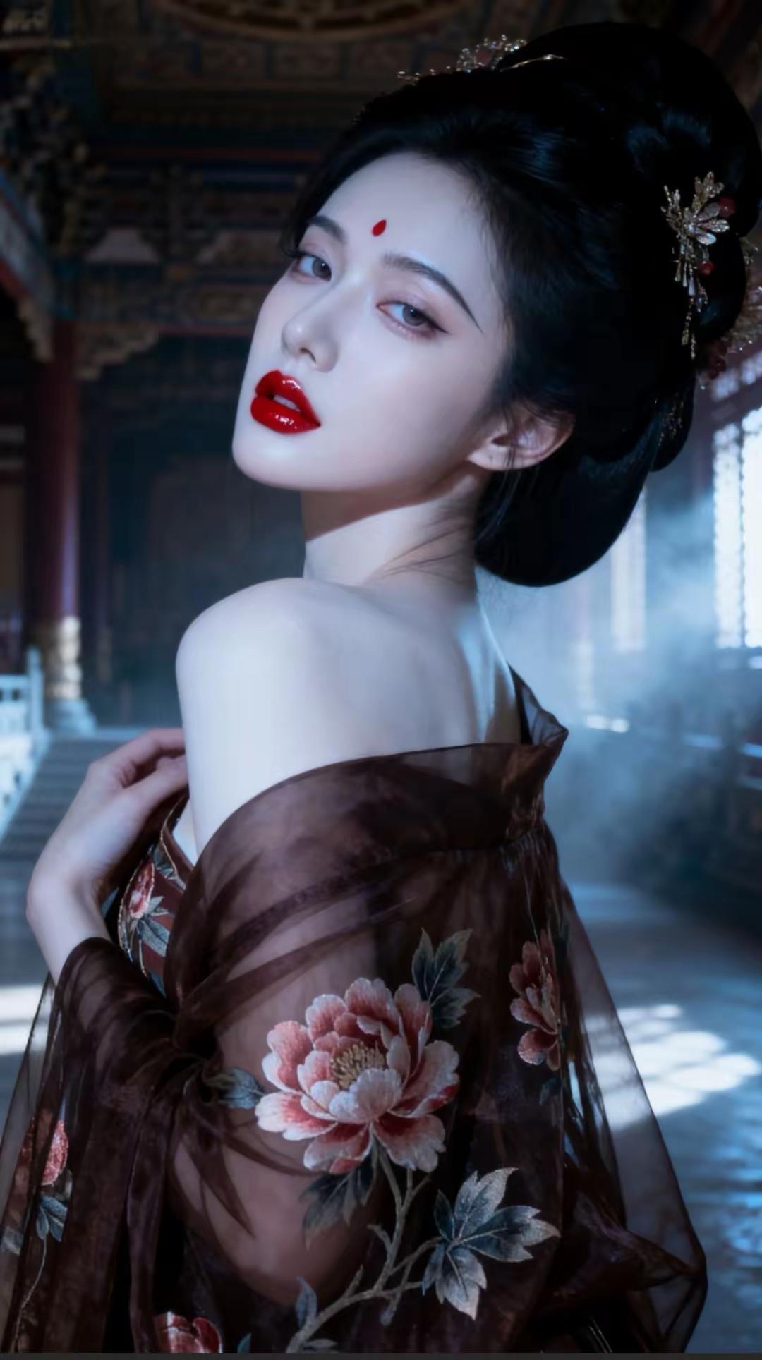 美女壁纸～古殿轻烟漫卷，牡丹绣满罗衫。鬓边金饰垂着细碎光影，额间一点朱砂映着唇上