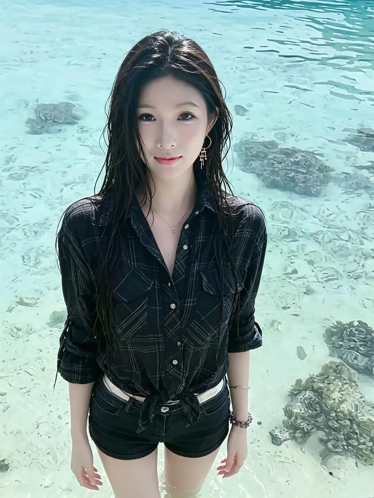海水漫过脚踝
湿发贴在肩头
黑格衬衫沾了海水的温柔
你站在澄澈浅流里
安静又从容