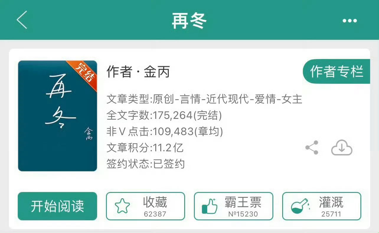 小说推荐：《再冬》 作者:金丙简评：青梅竹马+破镜重圆，从校园到都市。开篇是女主