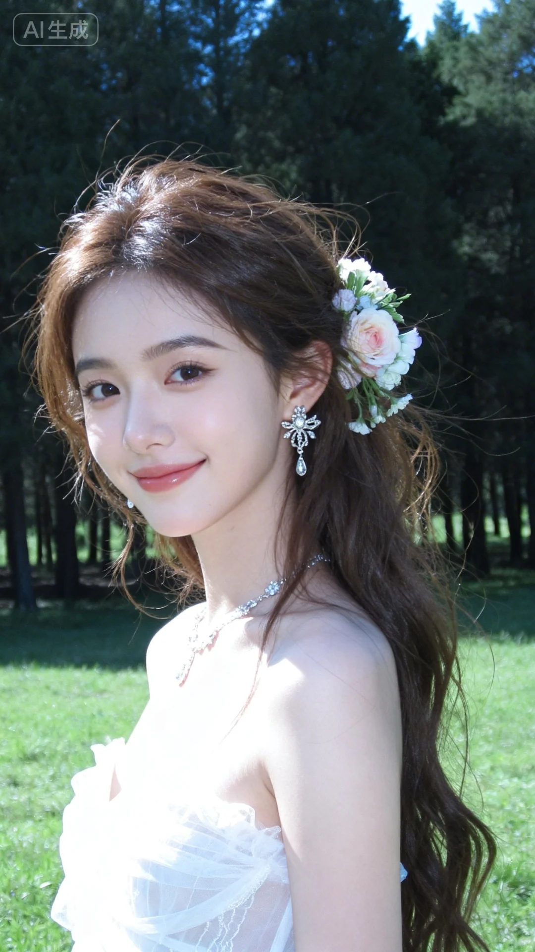 户外摄影，森系少女写真，草地上树林中，少女面部特写，嘴角微微上扬，精美饰品，棕色