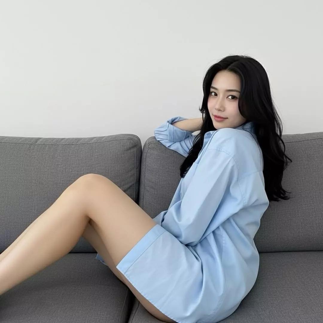 气质优雅的蓝衬衫少女，温柔微笑，坐在灰色沙发上，清新自然。温柔蓝裙少女 淡雅蓝裙