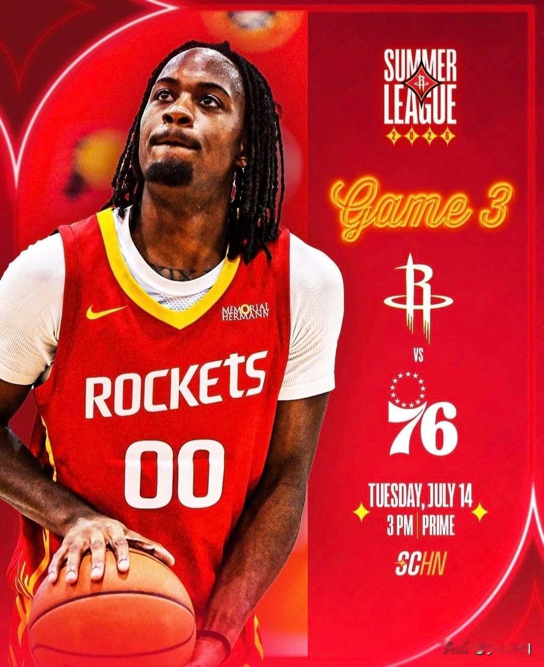明天凌晨4点火箭夏联第3战对阵76人。

为火箭加油👏

休斯顿火箭