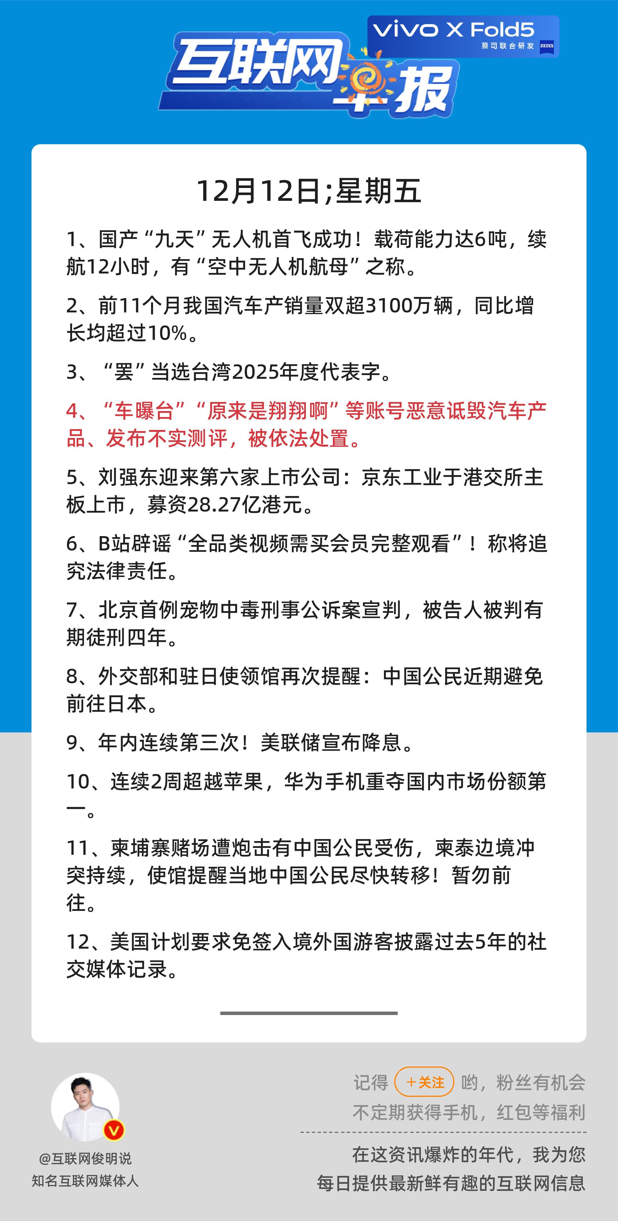 12月12日，星期五，《第2985期》；互联网早报，众览天下事关心第4条：“车曝