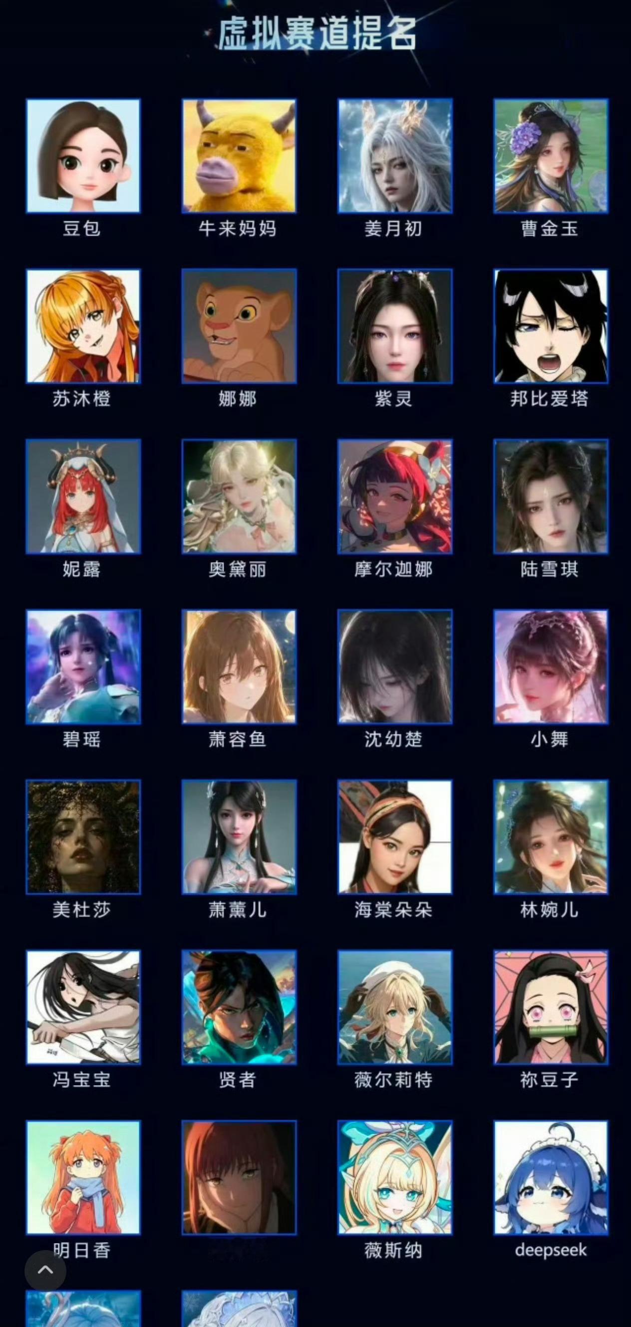 虎扑女神大赛入围名单虚拟赛道：牛来妈妈 豆包 deepseek 入围。 真人赛道