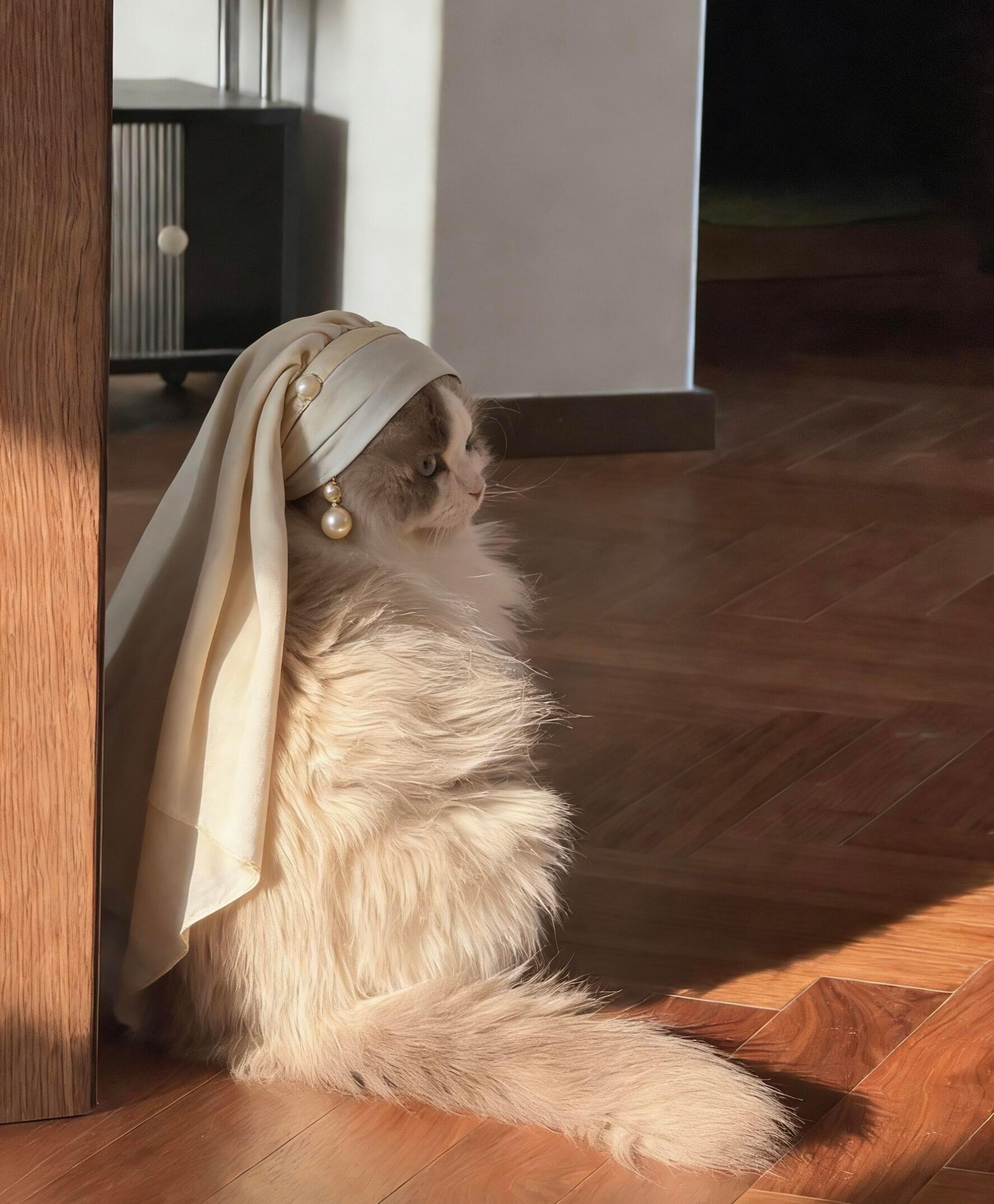 戴珍珠耳环的小猫 