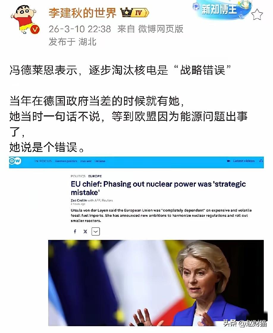 冯德莱恩承认淘汰核电是战略错误，估计德国人听到冯德莱恩这样说，会被气死，冯德莱恩