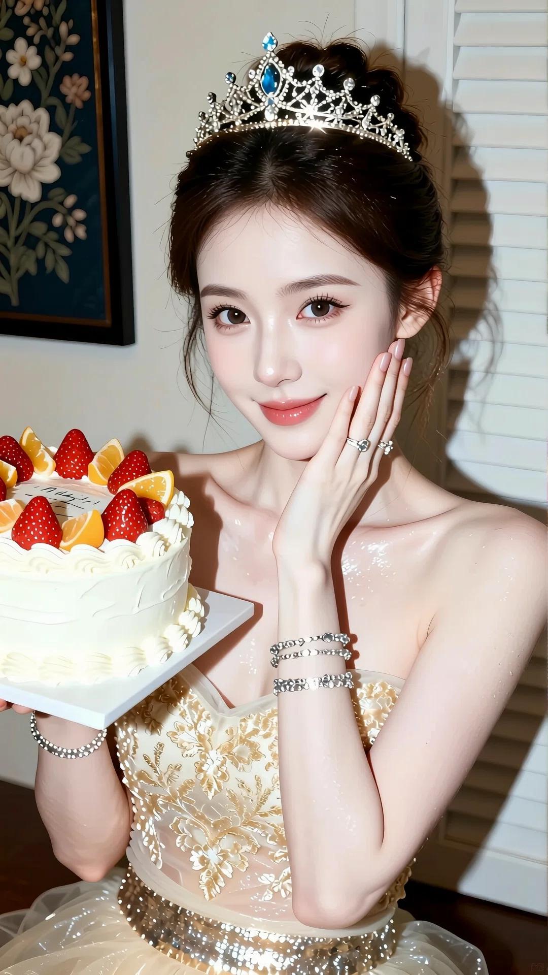 造型与气质：
她头戴精致的水晶皇冠，将深棕色长发盘起，露出了清晰的肩颈线条，显得