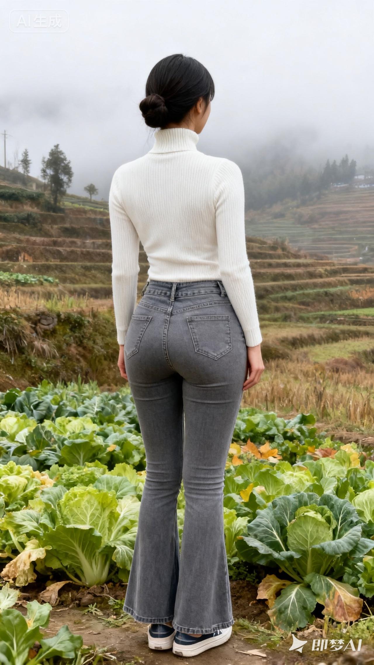 田园风光中的时尚穿搭，背对镜头，感受自然之美。